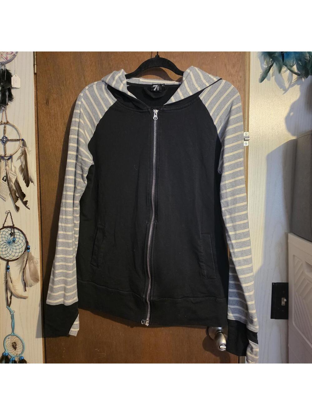 7 Degrees Varsity Black Full Zip Hoodie Jacket - Picture 2 of 6